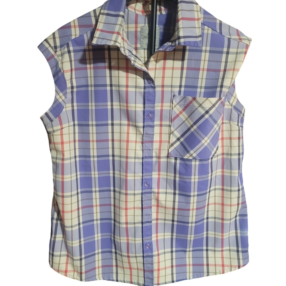 Ascend‎ Womens Purple Plaid Sleeveless Button Up Hiking Shirt Sz L Performance